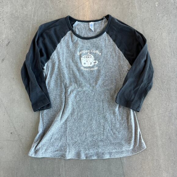 Vintage Tops - Vintage Y2K Bergies Coffee Roast House Barista Gray Black Baseball Tee Medium